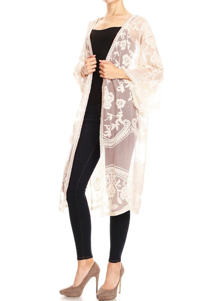 Anna-Kaci Floral Crochet Lace Cardigan for Women Beach Cover Ups Dress Kimono, Beige, OneSize - Image 3